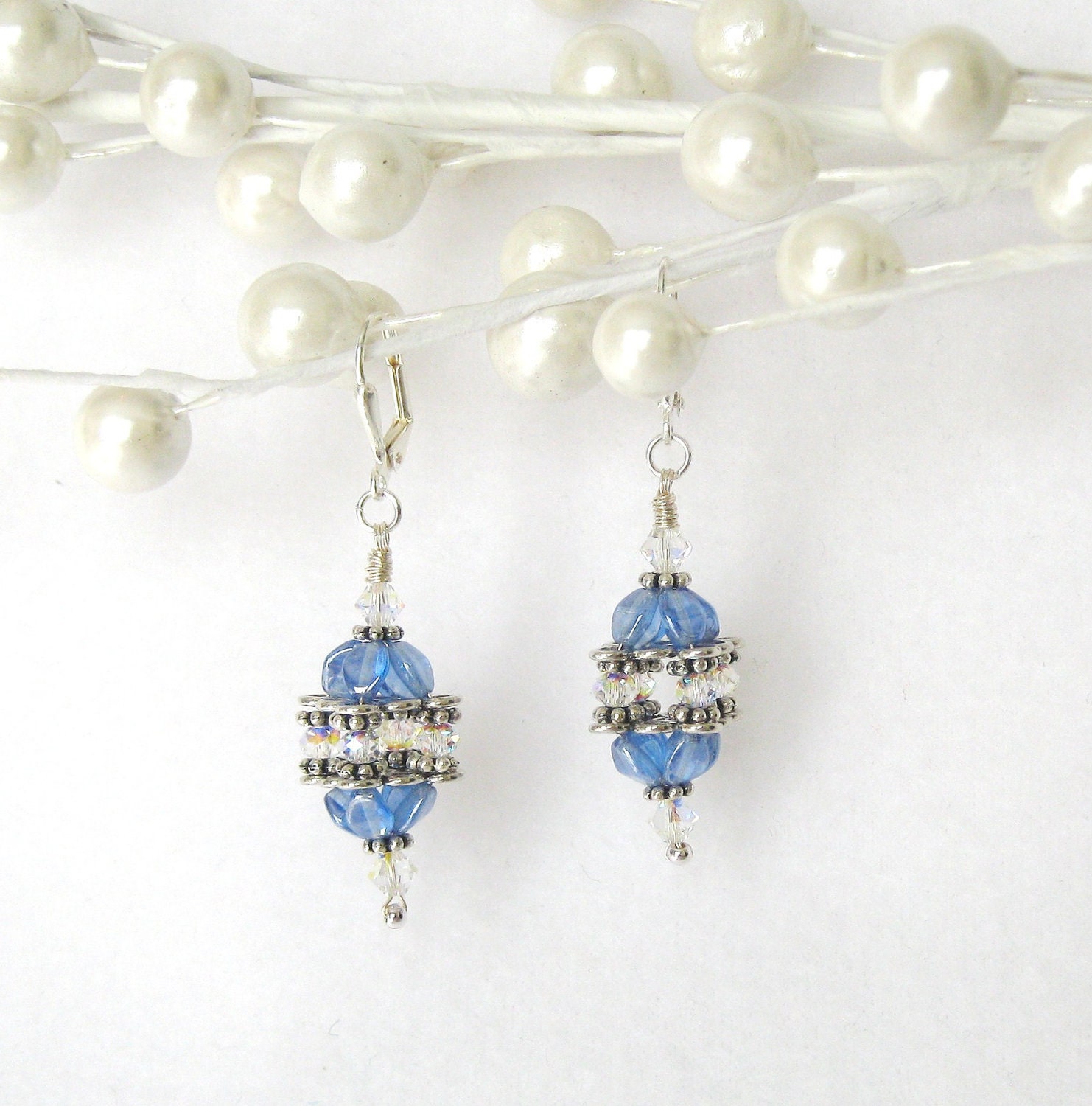 Light Blue Czech Glass Beaded Lantern Earrings