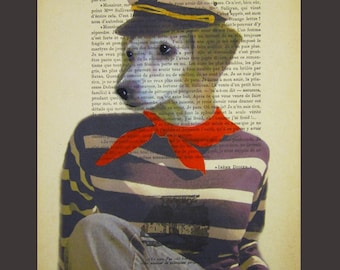 Sailor dog- ORIGINAL ARTWORK Mixed Media, Hand Painted on 1920 famous Parisien Magazine 'La Petit Illustration' xyz