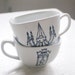 pair of new orleans light fixture tea cups - black and white porcelain mug - hand drawn illustration set of two (2)