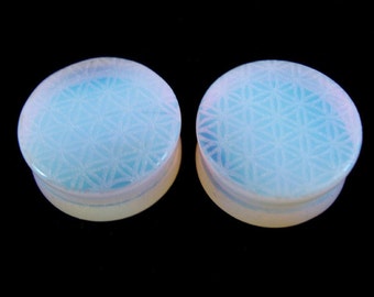 Flower of Life Opalite Plugs PAIR 0g through 1 1/4" (32mm) - Sacred Geometry Ear Gauges - 0g 00g 10mm 7/16" 9/16" 5/8" 3/4" 7/8" 1"