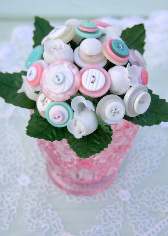 Seafoam Green Pink and White Vintage Button by MyFancifulNotions