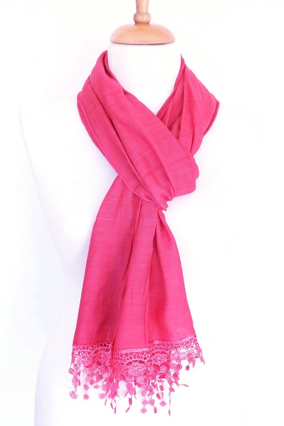 Cyclamen Cotton Scarf With Fringed Lace By Mediterraneanlights