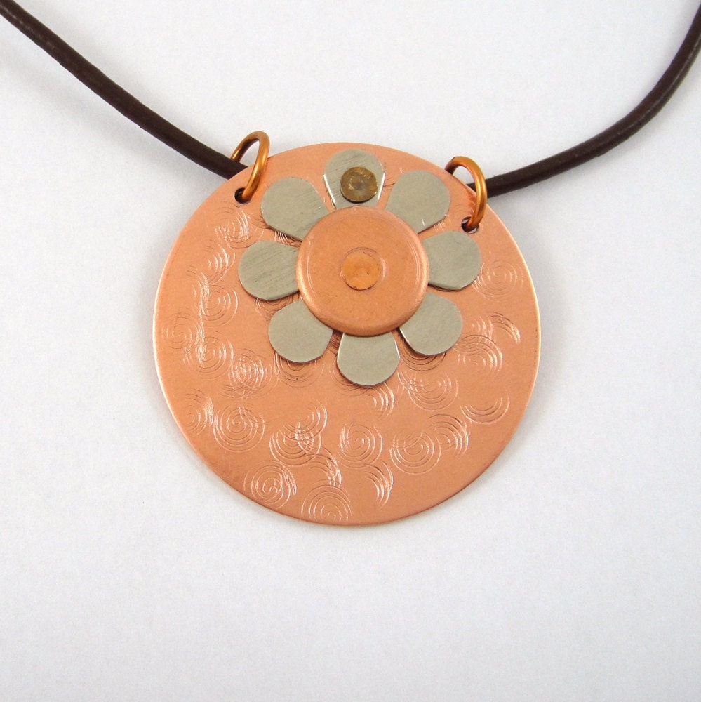 Copper and Nickel Necklace Riveted Flower on Leather