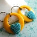 Retro Earrings Vintage Bright Yellow Hoops and Aqua Blue Glass Hearts - Sunshine Love