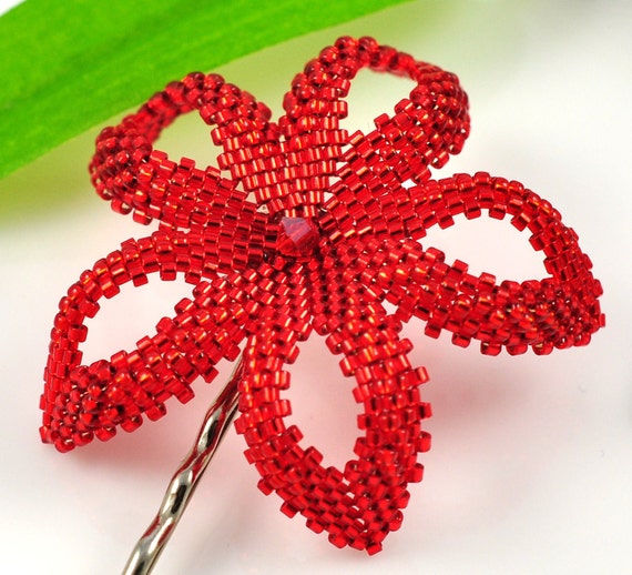 Hawaiian hair flower - metallic red plumeria beaded flower - Ula'ula