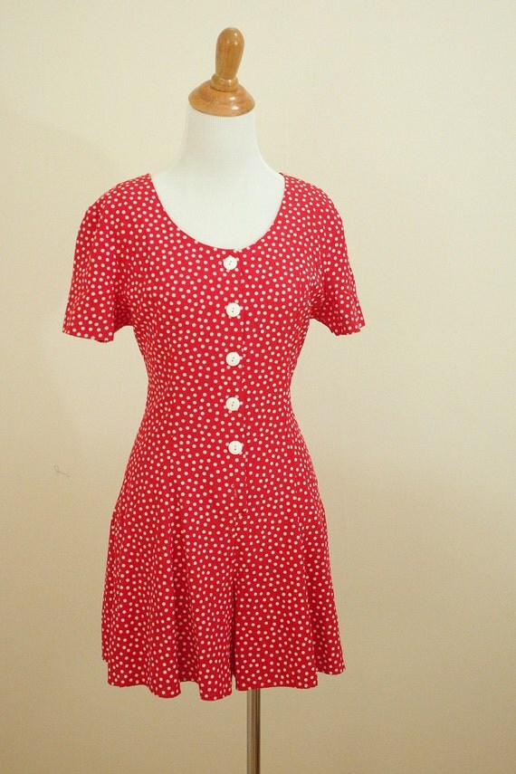 red white polka dot romper jumpsuit vintage by TheMysteryDrawer