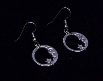 Moon and Star Celestial Circle Earrings