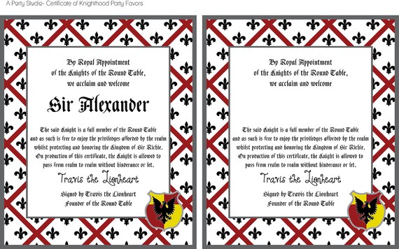 Items Similar To Knight Birthday Party Certificate Of Knighthood Party Items Similar To Knight Birthday Party Certificate Of Knighthood Party