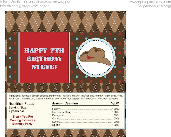 Cowboy Chocolate Bar Wrapper- digital file- print your own Il_570xn