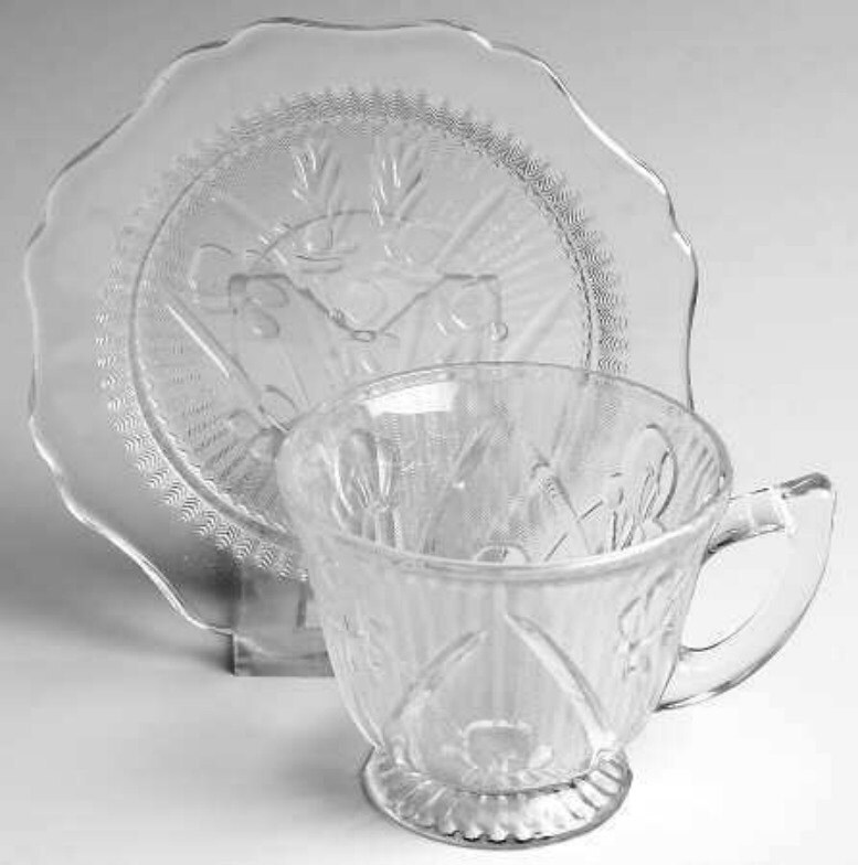 Depression Glass Iris And Herringbone Cup And Saucer