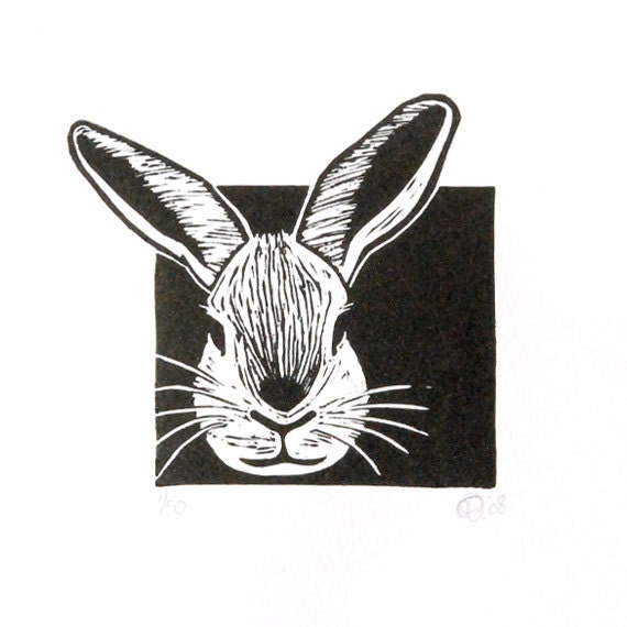 Linocut animals rabbit konijn hand printed wall art