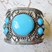 Vintage Bracelet WIDE Silver Chunky Turquoise Blue Glass Ethnic Tribal Cuff