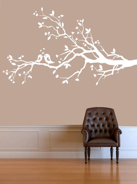 Wall Decal white tree branch decal with birds by ModernWallDecal