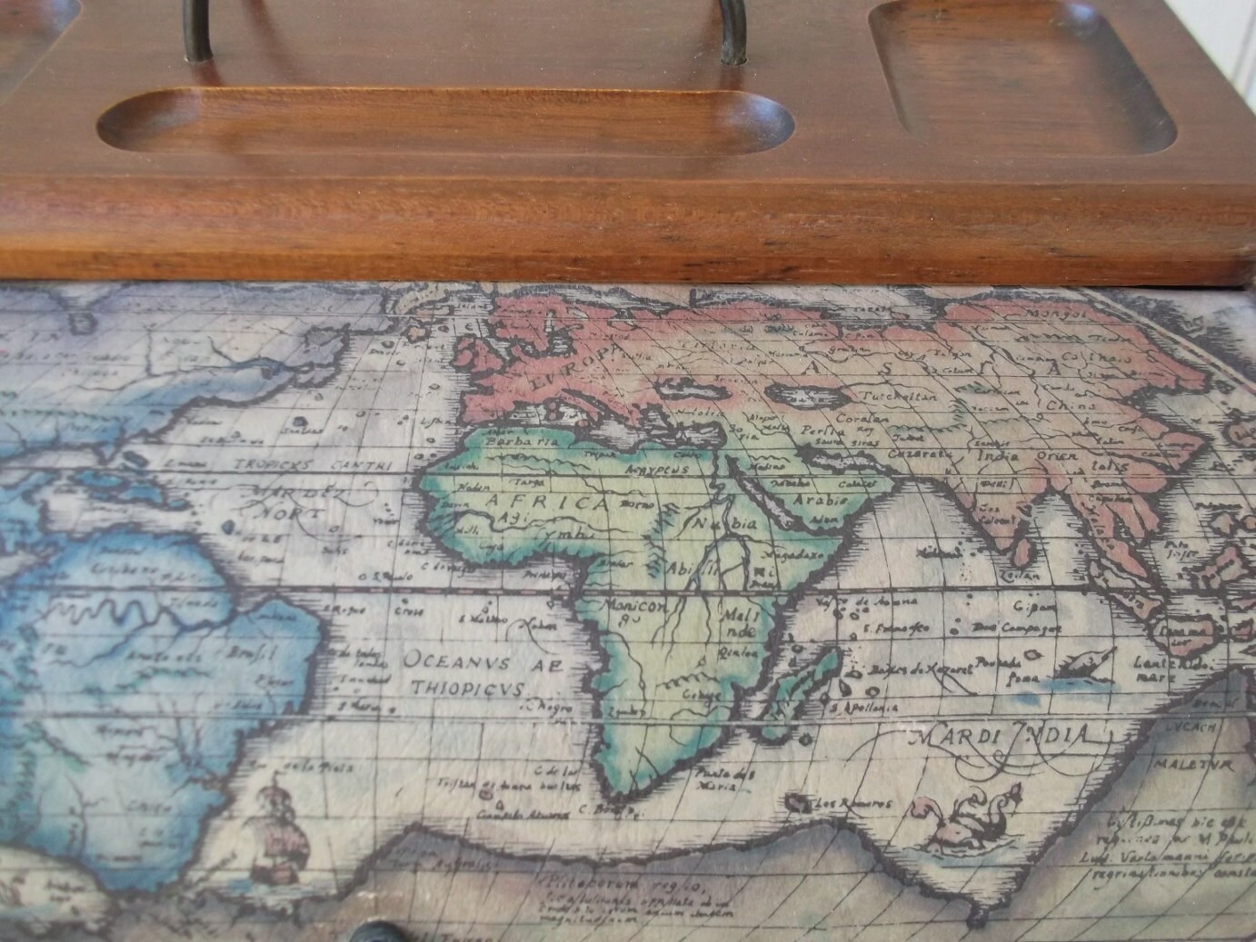 vintage old world map wooden desk organizer and letter holder