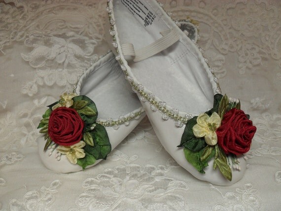red ballet shoes with ribbons