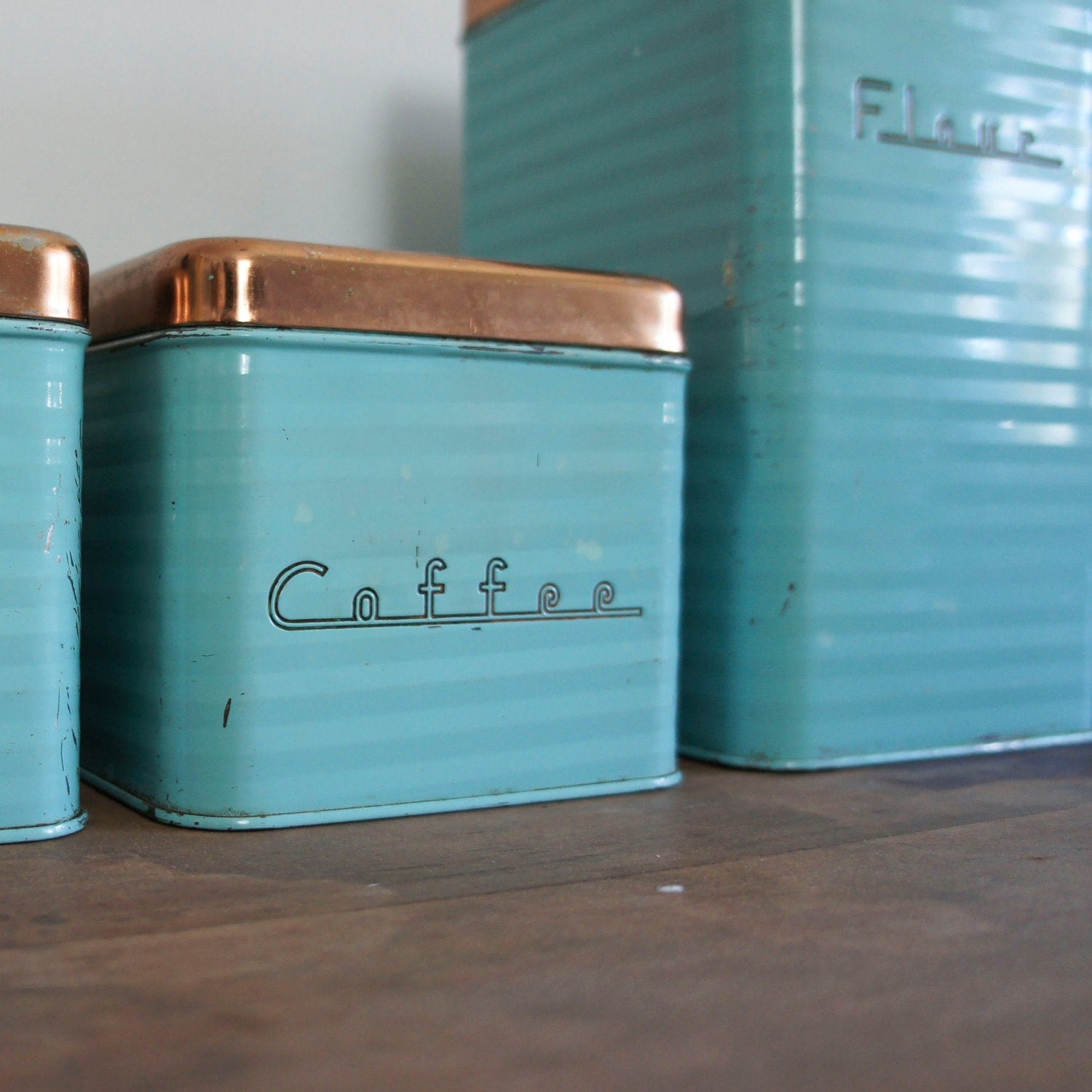 Retro Aqua Kitchen Canister Set with Copper Lids