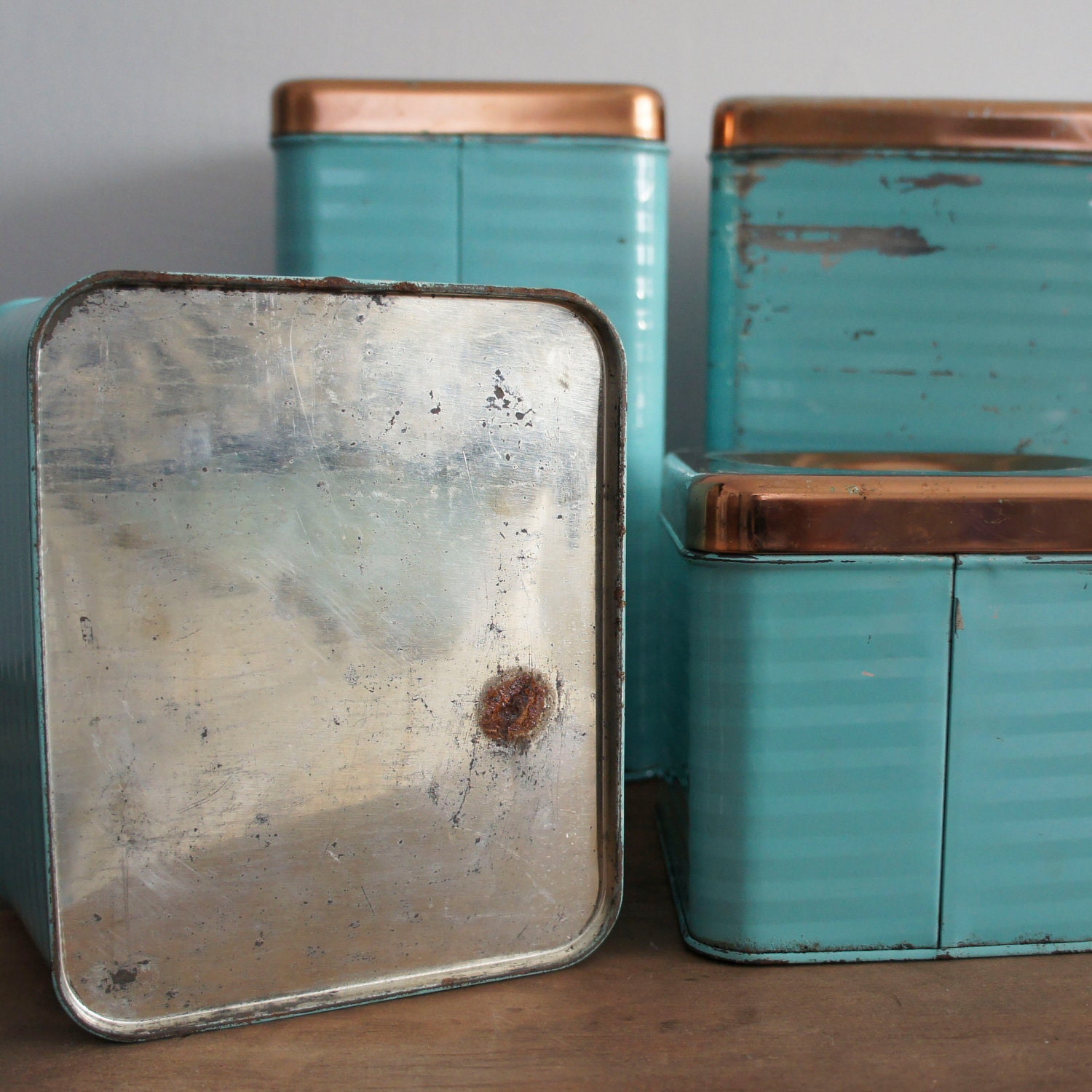 Retro Aqua Kitchen Canister Set with Copper Lids