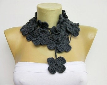 crochet lariat ,flower scarf ,in dark grey