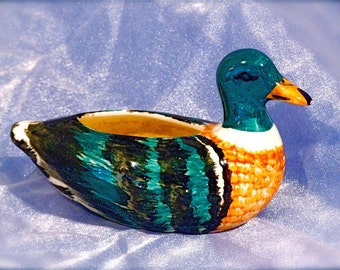 Duck Planter with Turquoise, yellow, brown colors