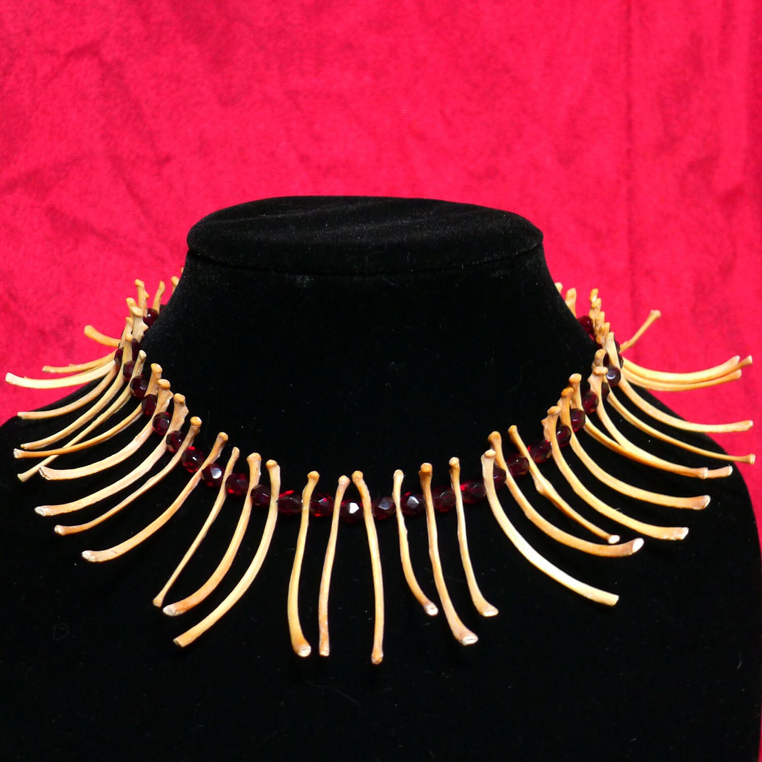 Real Bone Rib Bone Necklace with Blood Red Faceted Glass Bead