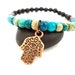 Hamsa Hand Bracelet, Aqua Jasper, Wooden Mala Bead Yoga Bracelet