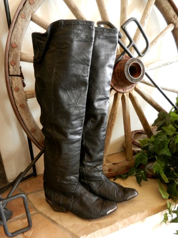 Items similar to Vintage ZODIAC Black Leather Boots Over the Knee Sexy ...