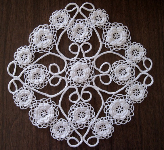 White Doily Irish Crochet Lace Irish Roses by GoldenLucyCrafts