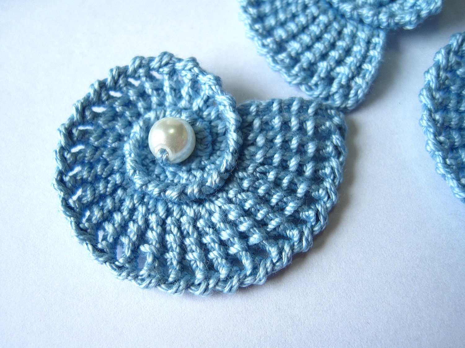 Crochet Sea Shells Applique with Pearls in Light Blue