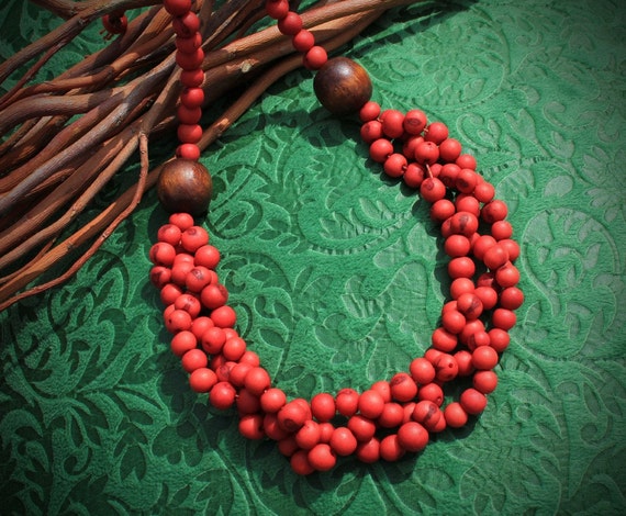 Necklace Earrings. Bio Jewelry Acai Seeds Wood Red