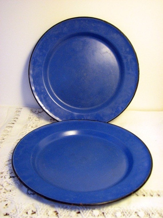 Vintage Blue Enamelware Plates/2 by PoetryofObjects on Etsy