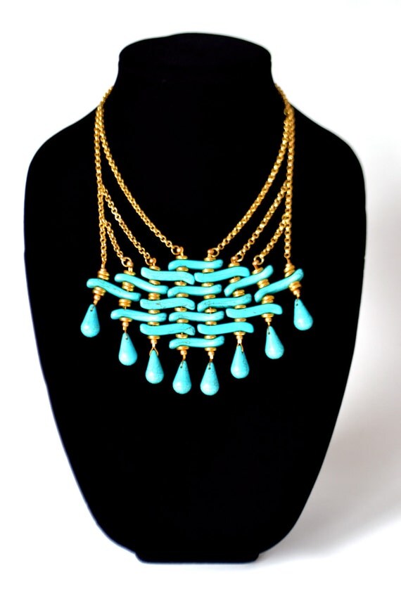 Turquoise And Gold Chain Bib Statement Necklace By Katehaberqds 8043