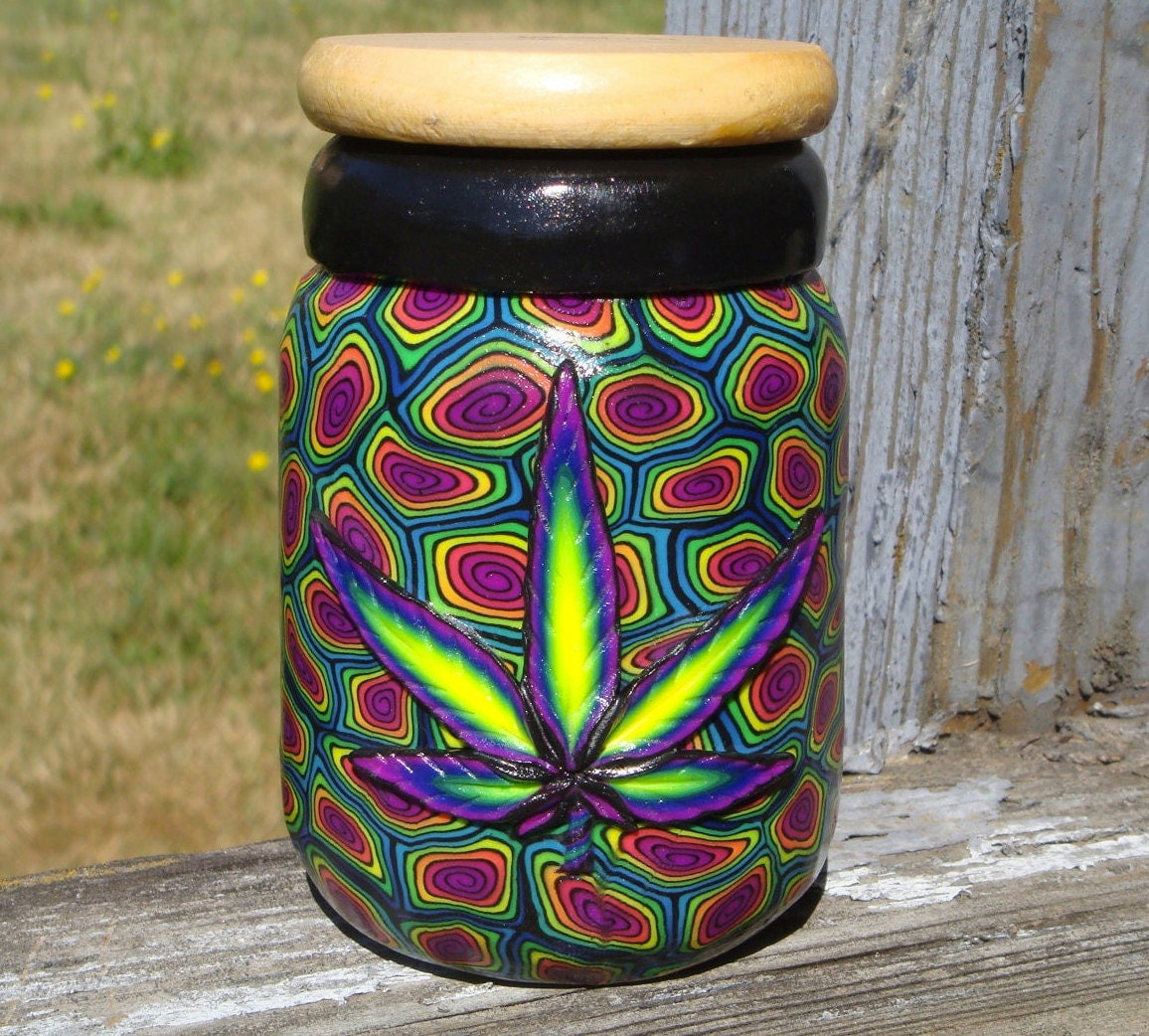 Colorful Polymer clay Wooden Topper Marijuana Leaf Stash