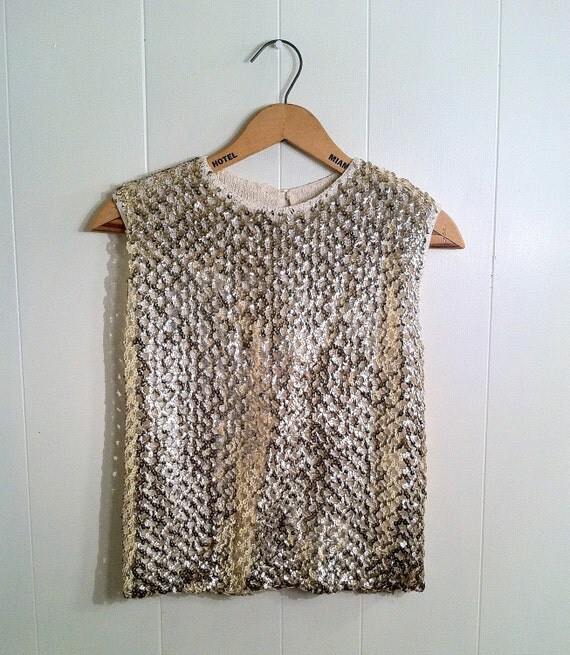 1950s Gold Nights Sequined Knit Blouse Top Tank by SLVintage