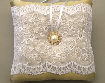 Weddings Ring Pillow, Baby Shower Cushion, Neutral Honey Satin Fabric, White Lace, Handmade.