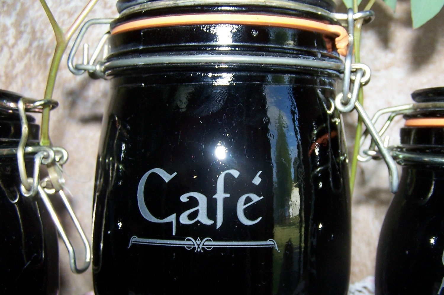 Vintage Black glass canister set custom etched in French