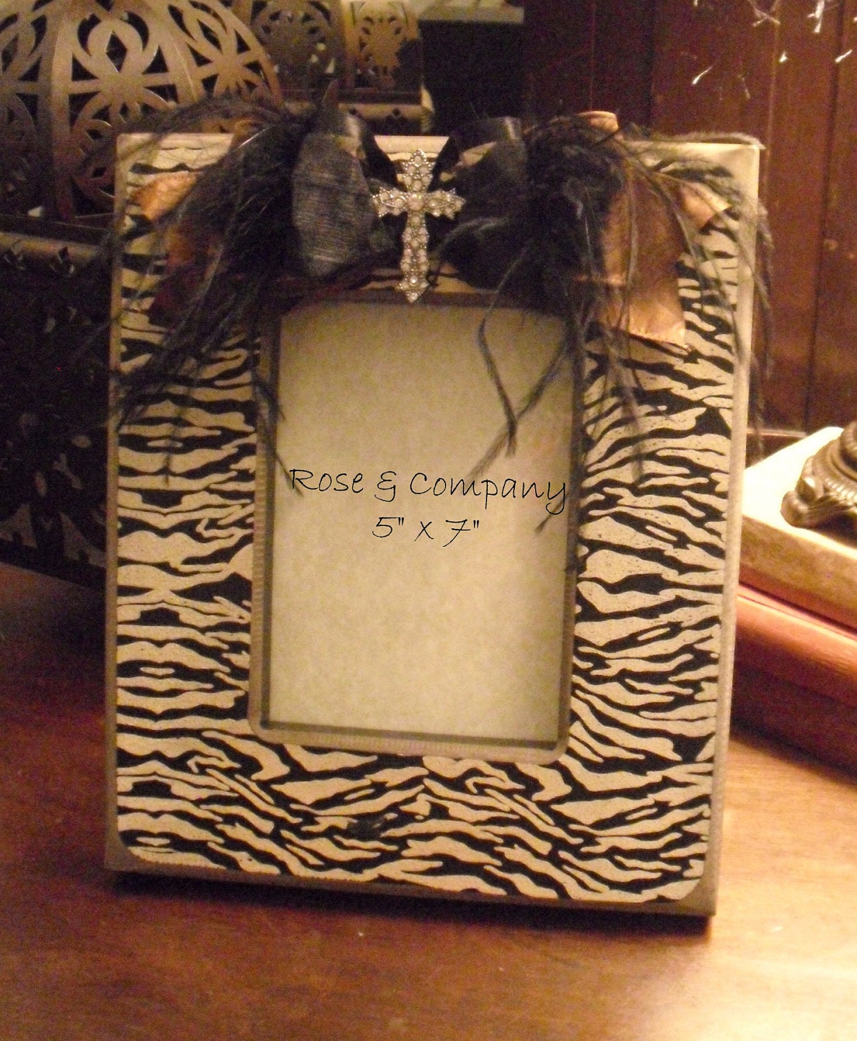 Zebra Picture Frame Embellished Cross Feathers Ribbon