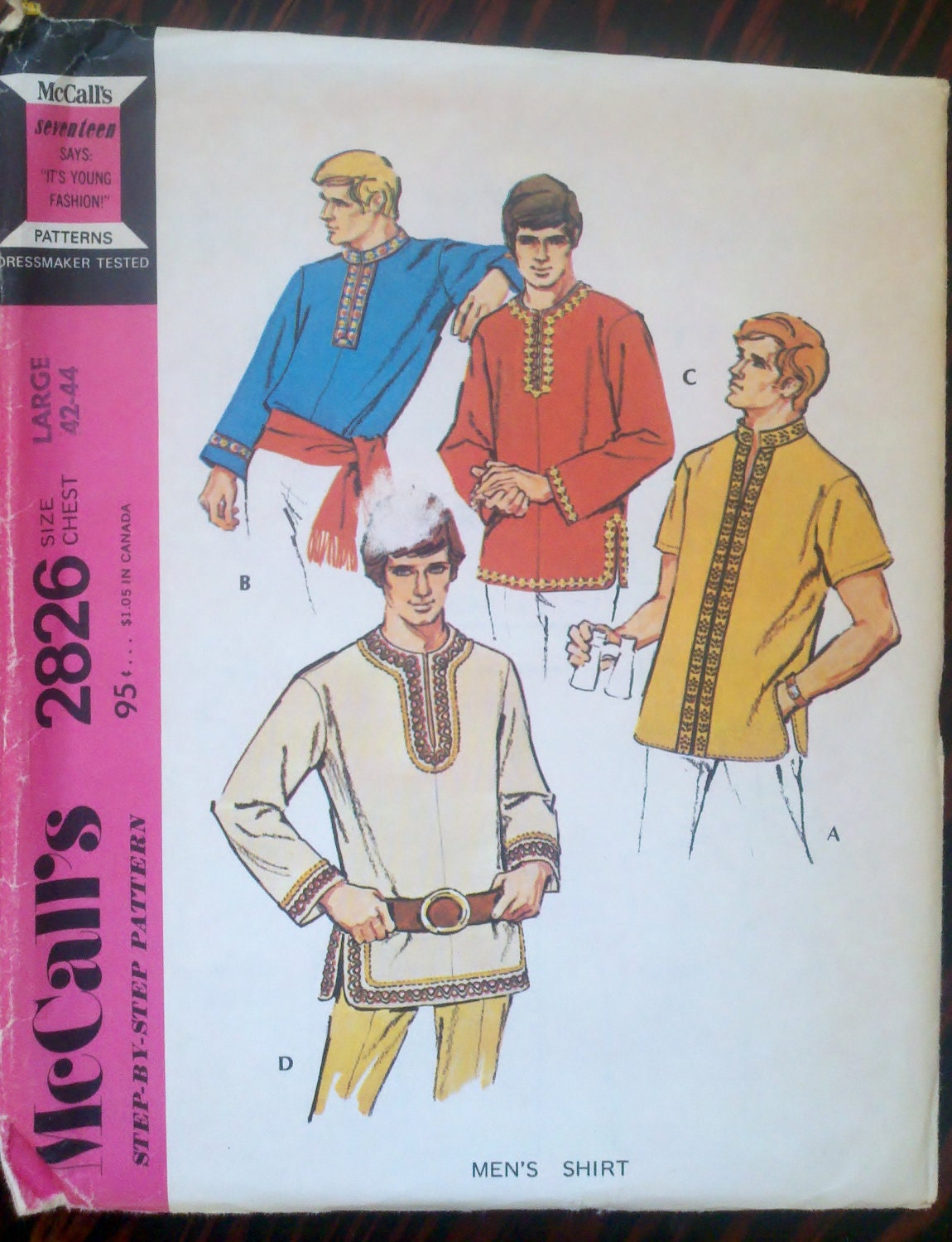 Men's Tunic Top Vintage 1970s Sewing Pattern Size Large