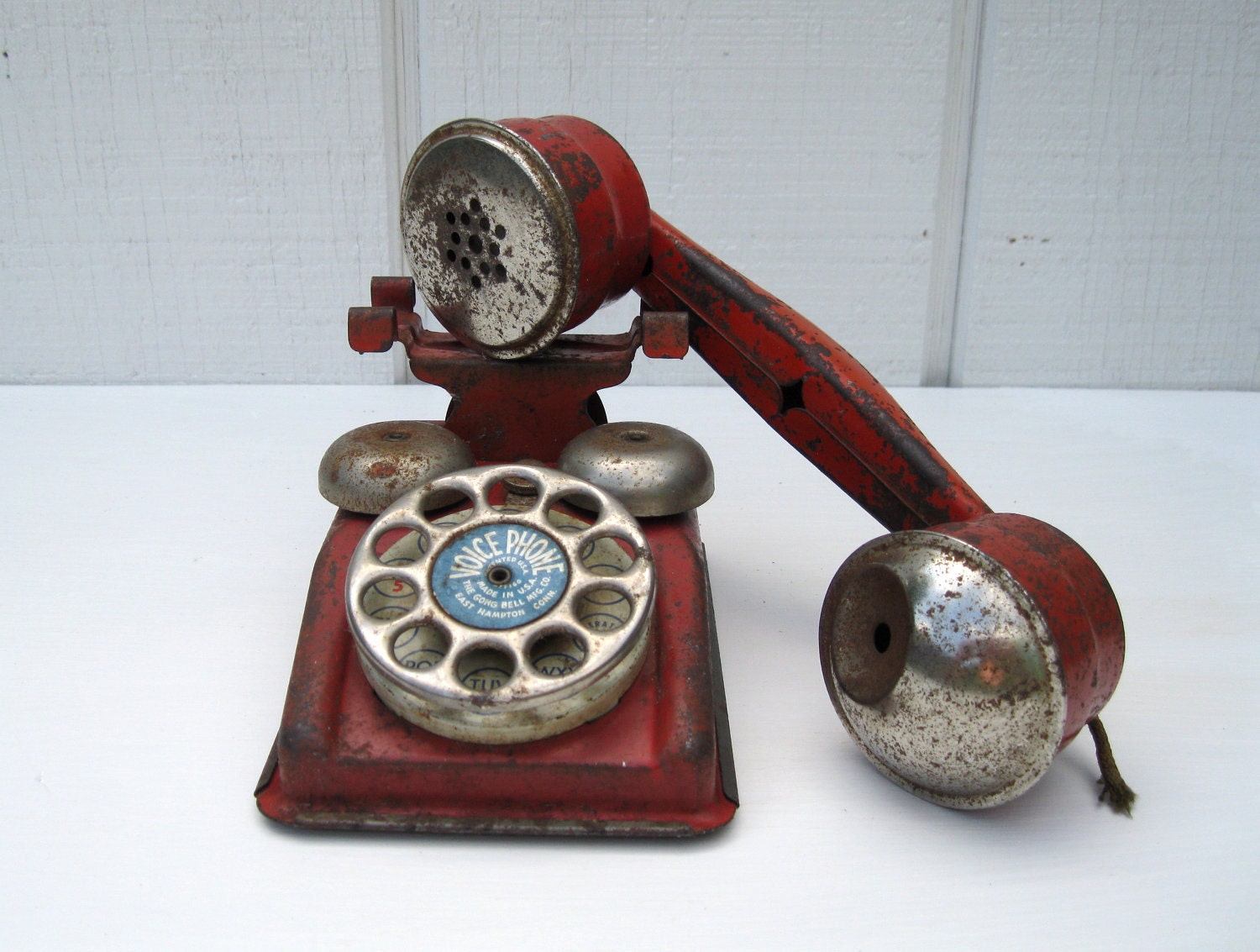 Vintage Toy Telephone Red Metal Voice Phone 40s Era