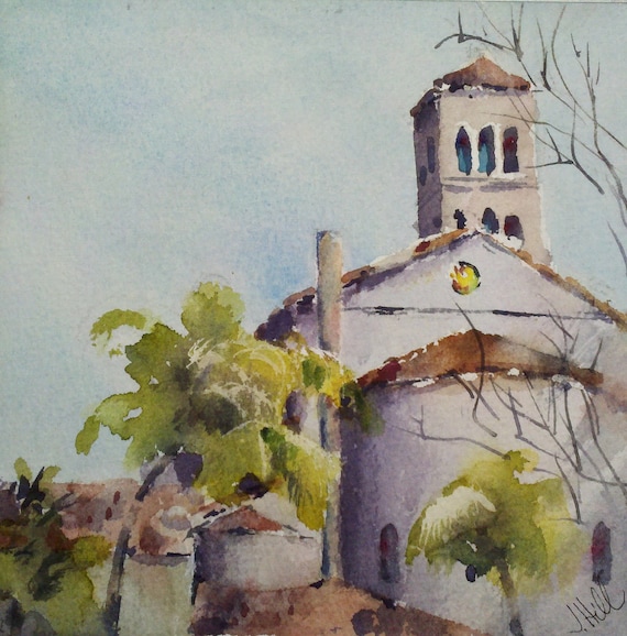 Cityscape, church, Pasadena, California art, palm trees. A Peek At St. Andrews. SALE. original watercolor painting (6" x 6")