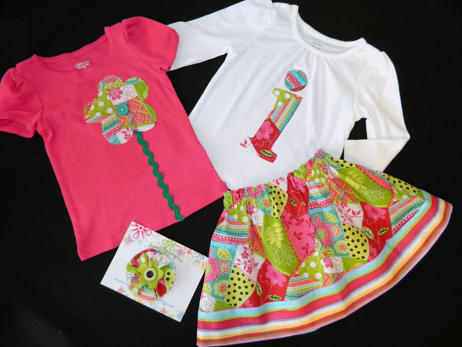 4 piece outfit hot pink and lime green patchwork skirt