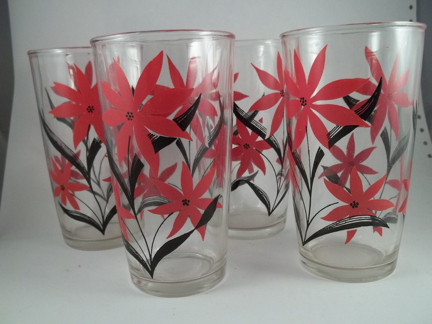 Set of Four Vintage Red Flower Drinking Glasses