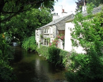 English landscape PHOTOGRAPH - buildings on river, Lake District- 11" x 14". Free U.S. shipping.