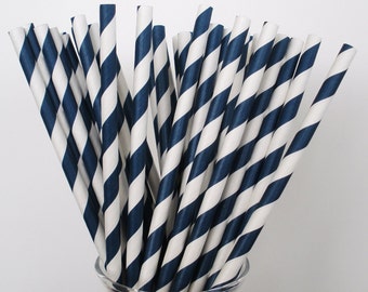 NAVY BLUE & White Stripe Paper Straws / Paper Drinking Straws / Cake Pop Sticks/ True Dark Navy Blue