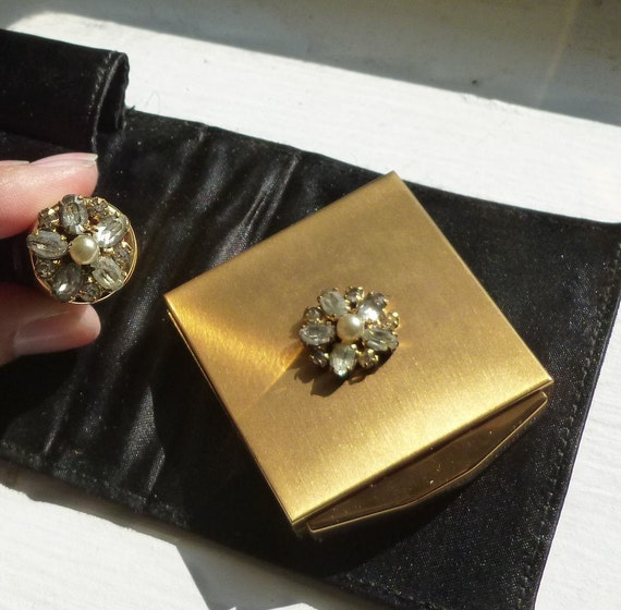 Vintage Compact Lipstick Case Gold Rhinestone