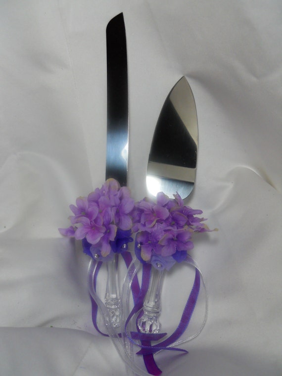  Purple  Wedding  Cake  Server Set  Knife  And Spatula With Silk