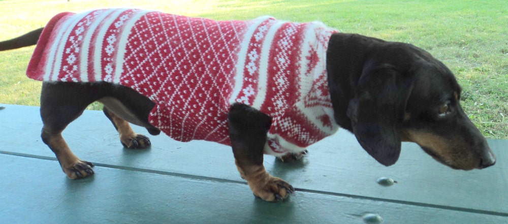 Dachshund Christmas sweater Fair Isle red cotton angora blend