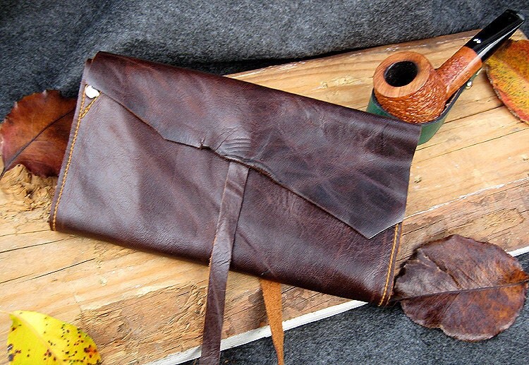 Rustic Leather Pipe & Tobacco Pouch Roll Up Bag OOAK