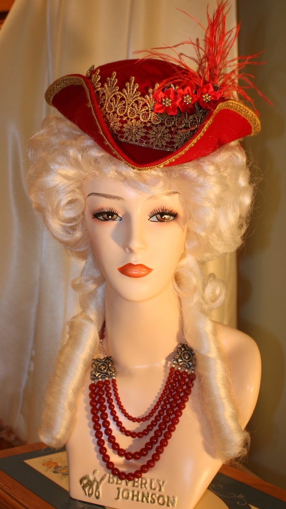 18th Century Red Ladies Tricorn Hat Marie
