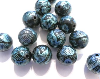 10 Blue Snake Reptile Acrylic Round Beads 16mm