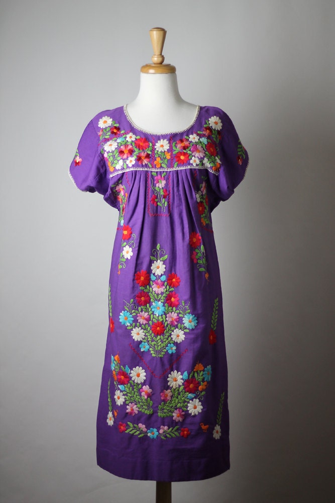 Mexican Embroidered Dress Purple with Multi Color Flowers